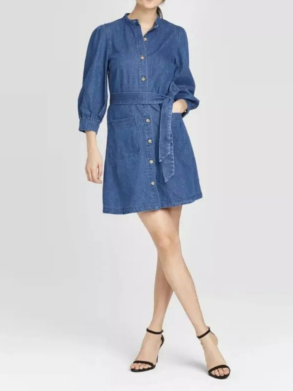 Retro Three-quarter Puff sleeve Button front denim Mini Shirt dress